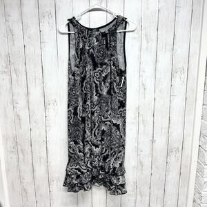 MSK Dress Women 27" Chest Black White Paisley Sleeveless Midi Ruffle Trim Sequin
